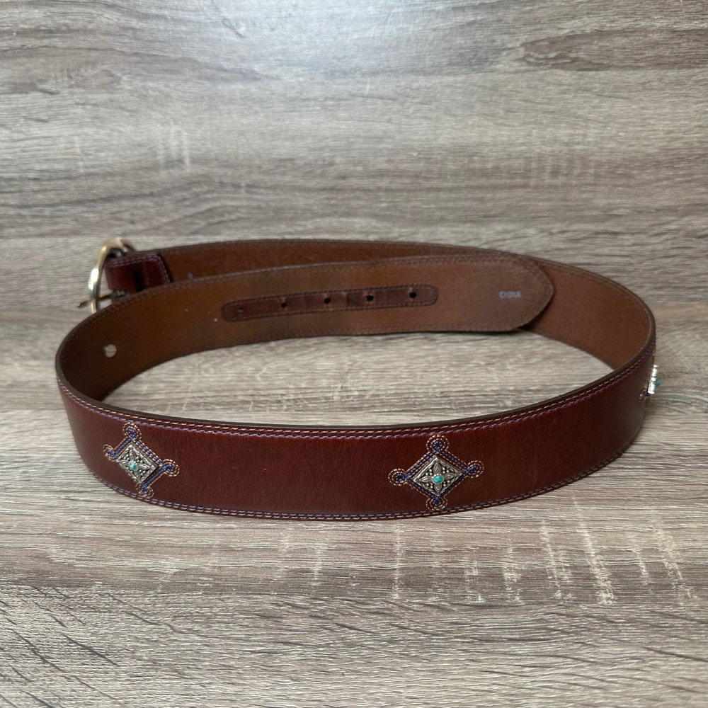 Brighton Womens Brown Leather Belt Turquoise Concho Gold Buckle Size L 34 B20415